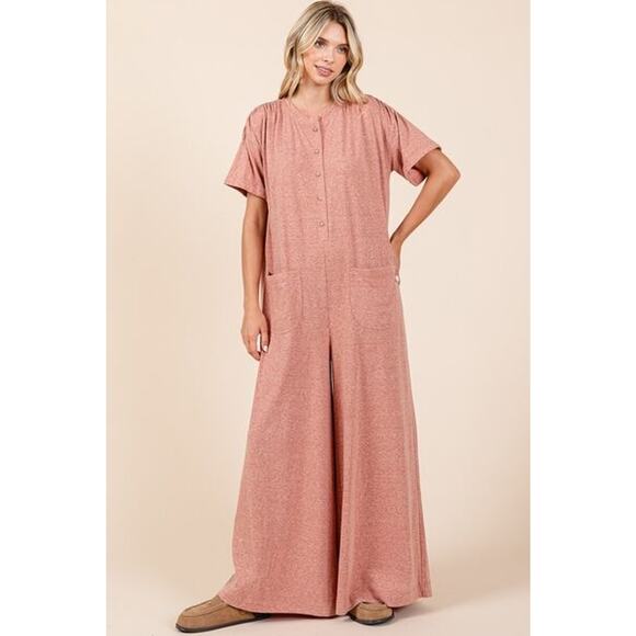 Mittoshop Button Detail Short Sleeves Relaxed Fit Wide Leg Jumpsuit | Ginger - Picture 2 of 6